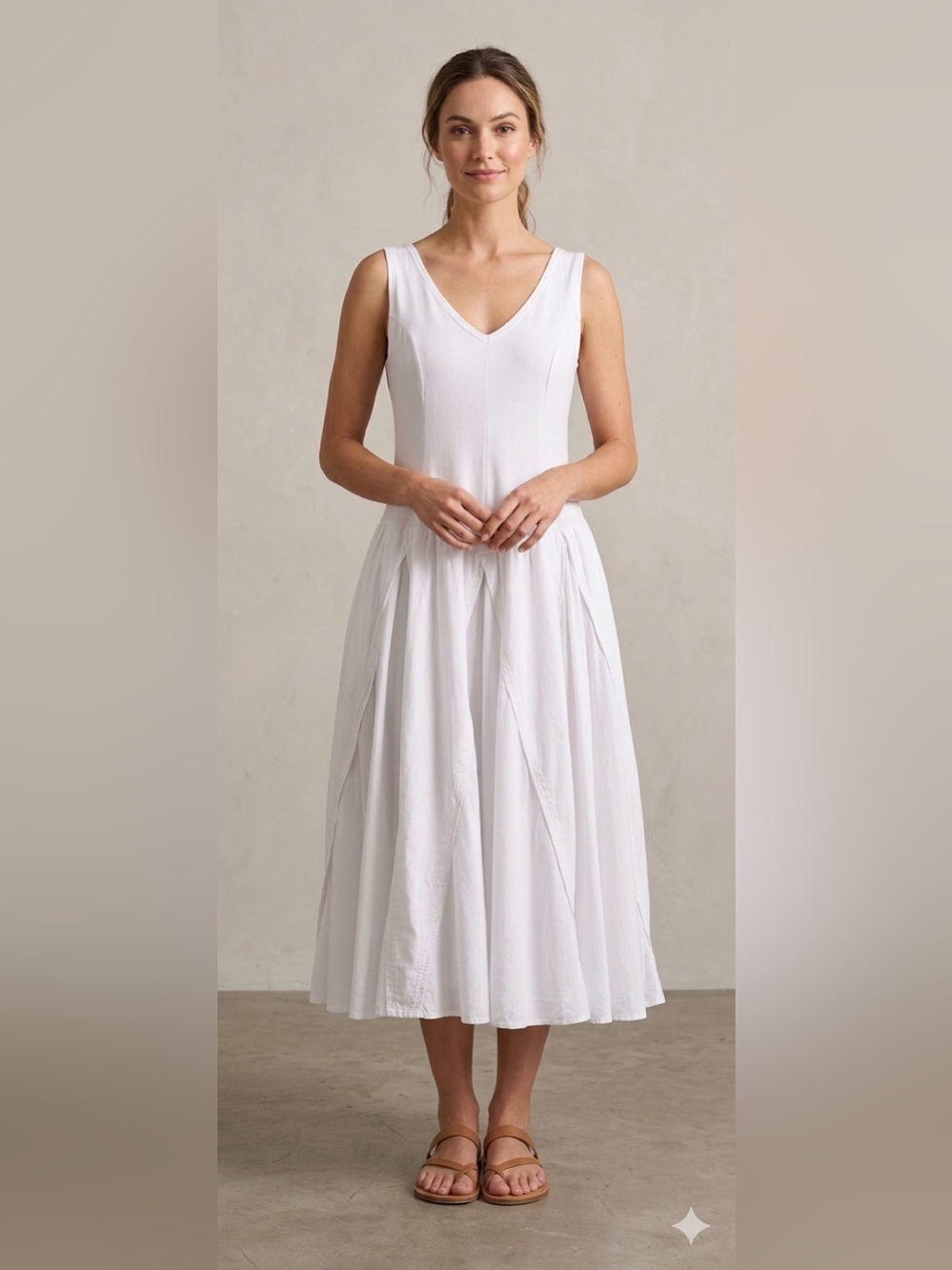 White Cotton Summer Midi Dress Fit and Flare Feminine L/XL